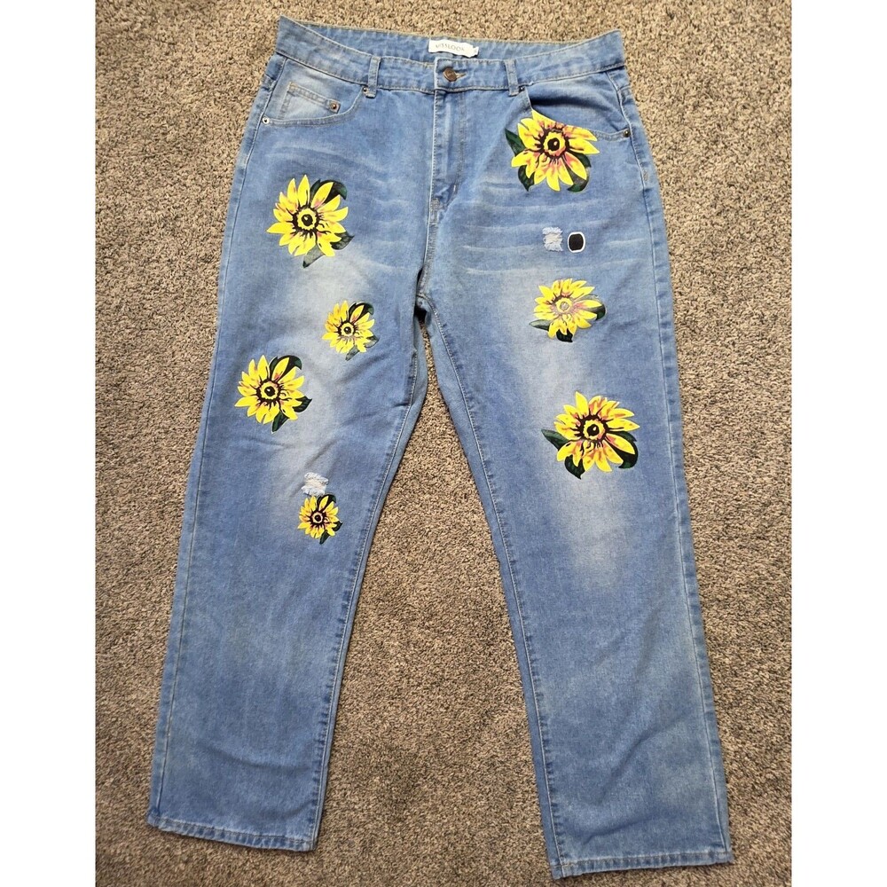 Misslook Sunflower Jeans Size 3XL Floral Paint Straight Leg Harvest Summer